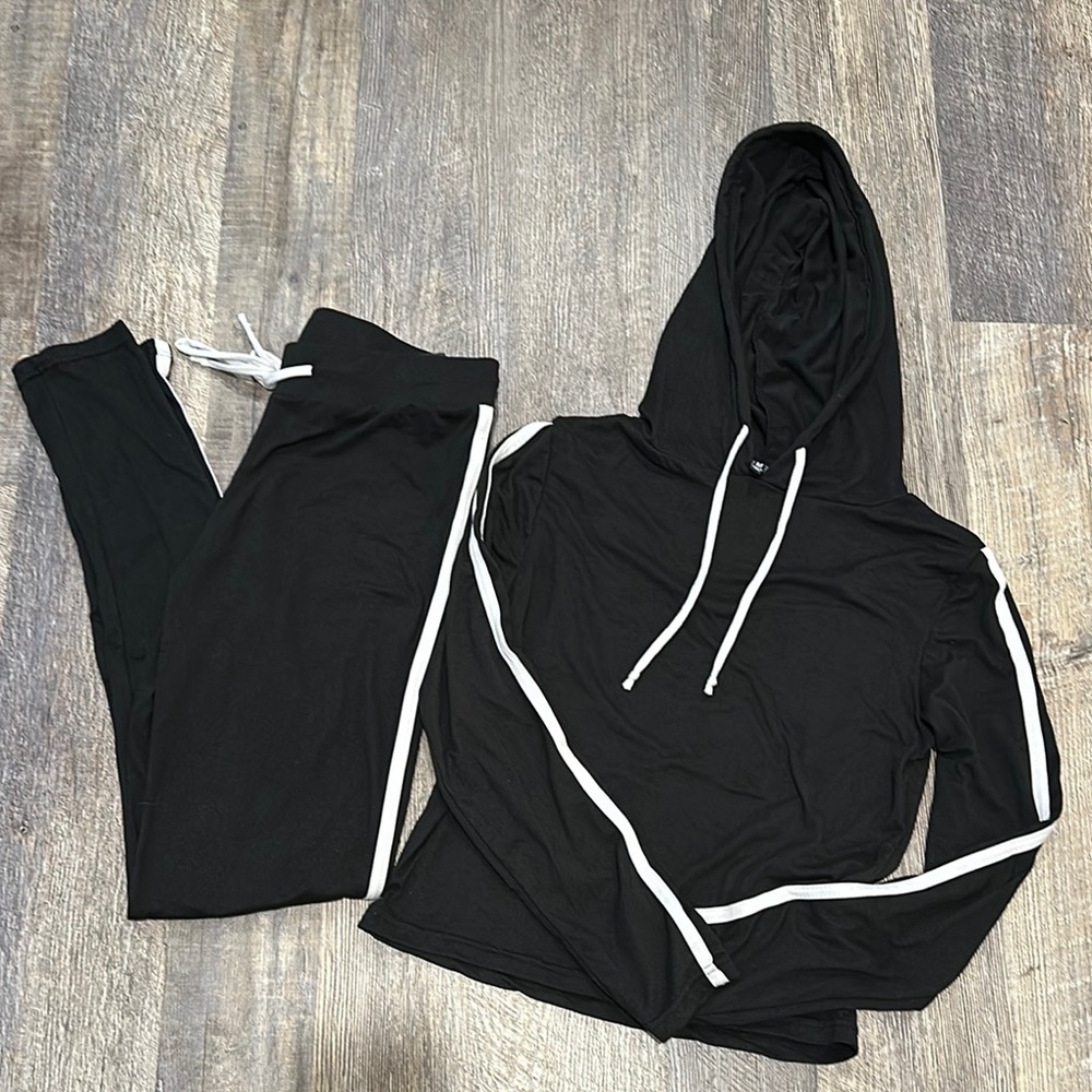 Black Hoodie and Joggers Set with White Stripes